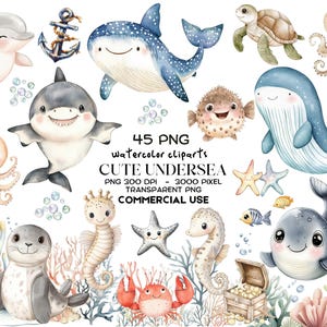 45 UnderSea Watercolor Clipart, Cute Ocean Animals Clipart, Coral Reef, Animal Nursery, Kids Nursery Art, Underwater Animals, COMMERCIAL USE