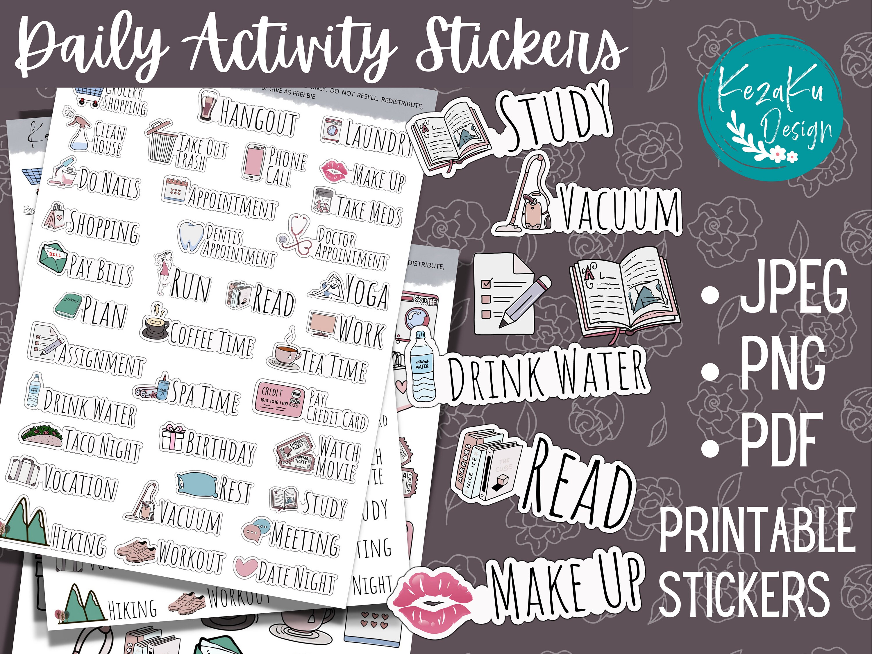 PRINTABLE Daily Activity Stickers, Daily Activity Digital Planner ...