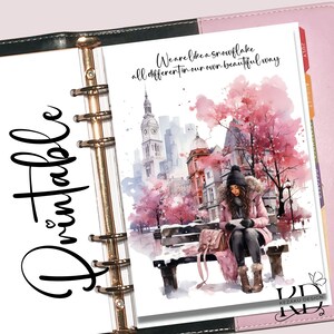 May include: Printable planner page with a watercolor illustration of a city scene with a woman sitting on a bench. The text "We are like a snowflake all different in our own beautiful way" is written at the top of the page.