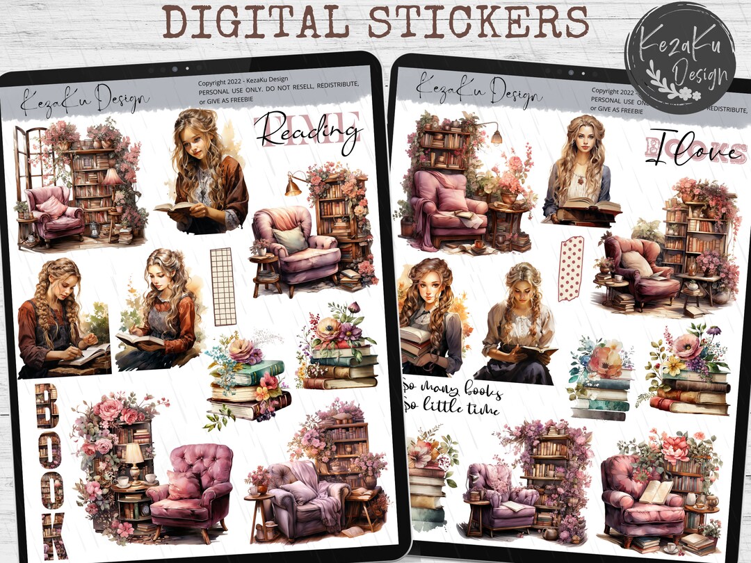 Watercolor Reading Goodnotes, Reading Digital Stickers, Book Stickers ...
