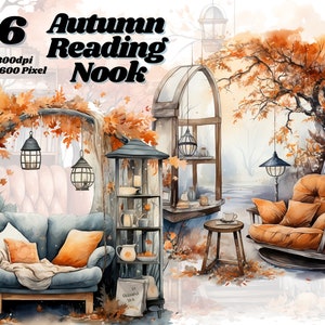 May include: A watercolor illustration of an autumn reading nook with a blue couch, a rocking chair, a bookshelf, and a table with a cup of coffee. The scene is set in a forest with fall foliage and lanterns hanging from the trees. The text "Autumn Reading Nook" is written in a decorative font.