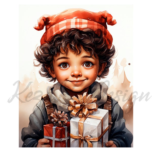 Christmas Black Boy Clipart 12 High-Quality JPGs, Merry Christmas, Watercolor Christmas Gift Clipart, Christmas Clipart, Red Gifts