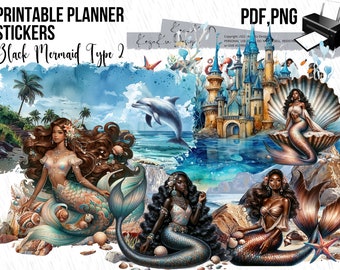 Adesivi sirena nera STAMPABILI-T2, Adesivi sirena nera-Png, Adesivi sirena ragazza nera bellissima, Immagine sirena nera, Sirena perla