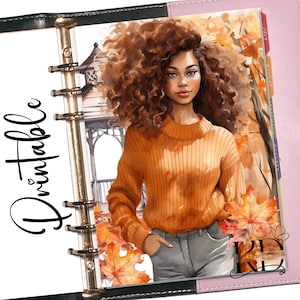 Agenda imprimable tableaux de bord, agenda de tableau de bord fille noire automne, tableau de bord fille, agenda A5, agenda de poche, tableau de bord automne, fille automne