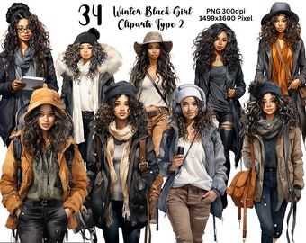 Clipart ragazza nera invernale - Tipo 2, clipart ragazza nera, PNG invernale, PNG ragazza africana, clipart ragazza americana, clipart vestito invernale, PNG