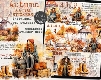 May include: Digital stickers for Goodnotes featuring autumn-themed illustrations. The stickers include a girl sitting on suitcases, a windmill, a gazebo, a swing set, and a quote about change. The stickers are in watercolor style with a warm color palette.
