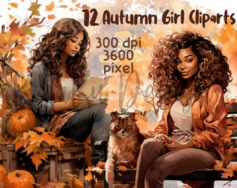 Clipart ragazza nera autunnale, clipart ragazza lettura autunnale, 12 acquerello ragazza autunnale, ragazza lettura autunnale PNG, clipart autunnale, clipart ragazza nera