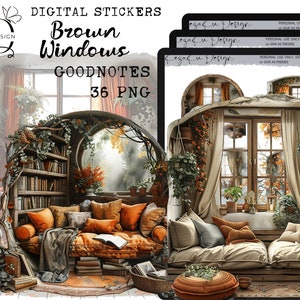 Op de afbeelding: Digitale stickers voor Goodnotes met 36 bruine raamillustraties. De ramen zijn geplaatst in een knusse kamer met een bank, boekenkasten en planten. De ramen hebben een rustieke, vintage uitstraling.