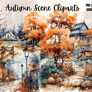 Puede incluir: Una pintura de acuarela de una escena de otoño con casas, árboles y una valla. Los árboles tienen hojas naranjas y amarillas. Las casas están pintadas en tonos de marrón y gris. La valla es de madera y tiene una puerta.