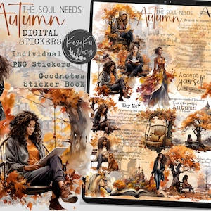 Puede incluir: Pegatinas digitales que muestran a una mujer con un abrigo azul y a una mujer sentada en un columpio, ambas con fondos otoñales. Las pegatinas están diseñadas para usar en Goodnotes y otros planificadores digitales. El texto "The Soul Needs Autumn" está incluido en la imagen.