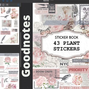 May include: A sticker book with 43 plant stickers. The cover features a pink rose with a white background and the text "Sticker Book 43 Plant Stickers" in a brown banner. The text "Smell the roses" is also included in the image.