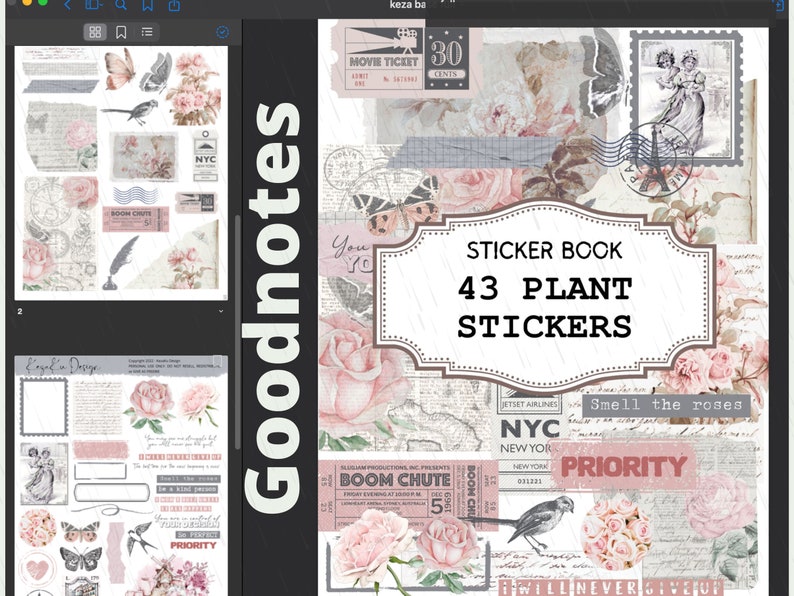 May include: A sticker book with 43 plant stickers. The cover features a pink rose with a white background and the text "Sticker Book 43 Plant Stickers" in a brown banner. The text "Smell the roses" is also included in the image.