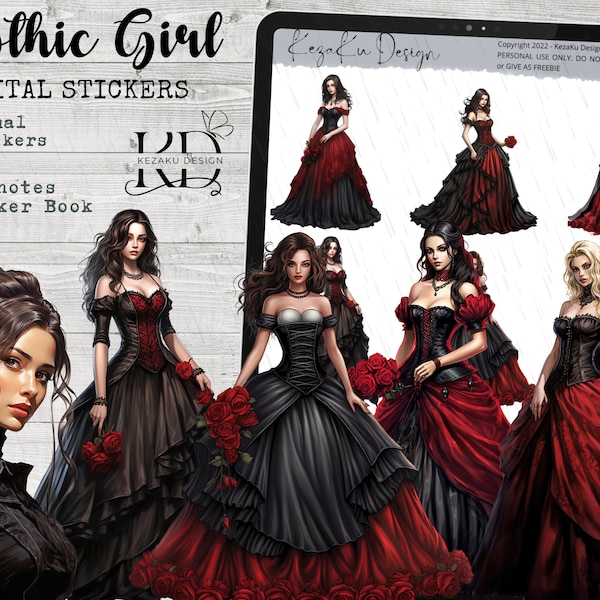 Gothic Girl Digital Stickers Type 1, Light Skin Gothic Girl Digital Stickers, Gothic Girl Goodnotes, Black Gown Girl Stickers, Rose Girl PNG