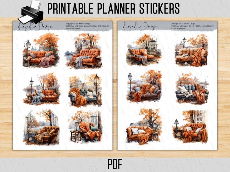 Sofa Sticker PRINTABLE Autumn Sofa Stickers, Sofa Printable Stickers, Watercolor ...