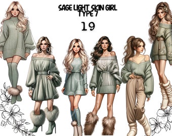 Clipart ragazza dalla pelle chiara salvia, clipart ragazza dalla pelle chiara, clipart salvia, clipart ragazza moda, PNG ragazza salvia, immagini ragazza invernale