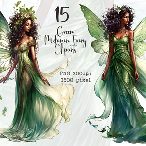 Green Black Fairy Cliparts, 15 Watercolor Green Fairy PNG, Fairy Melanin Cliparts, Melanin Fairy Cliparts, FairyTale Cliparts, Fantasy PNG