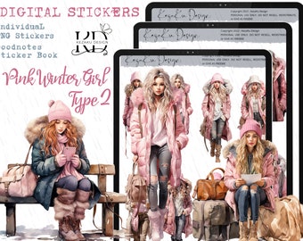 Adesivi digitali tipo 2 per ragazze invernali rosa, adesivi digitali per ragazze invernali, Goodnotes per ragazze rosa, Goodnotes per ragazze invernali pelle chiara, PNG per ragazze