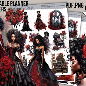 Pode incluir: Adesivos para planejador imprimíveis com ilustrações de inspiração gótica de mulheres em vestidos vermelhos e pretos, um coração com rosas, uma janela gótica, uma torre do relógio e uma cadeira com um livro. Os adesivos são perfeitos para adicionar um toque de romance sombrio ao seu planejador.