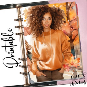Agenda imprimable tableaux de bord, agenda de tableau de bord fille noire automne, tableau de bord fille, agenda A5, agenda de poche, tableau de bord automne, fille automne