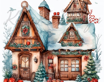 Casa di Natale Clipart 10 JPG di alta qualità, Buon Natale, Clipart della casa di Natale dell'acquerello, Clipart di Natale, Natale Inverno JPG