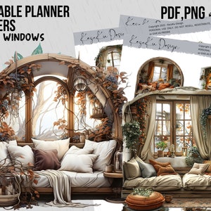 Op de afbeelding: Printbare planner stickers met een knusse vensterscène met een bank, planten en herfstbladeren. De stickers zijn in PDF- en PNG-formaat.  "PDF, PNG" en "Copyright 2022 - Kesaku Design" zijn op de afbeelding gedrukt.