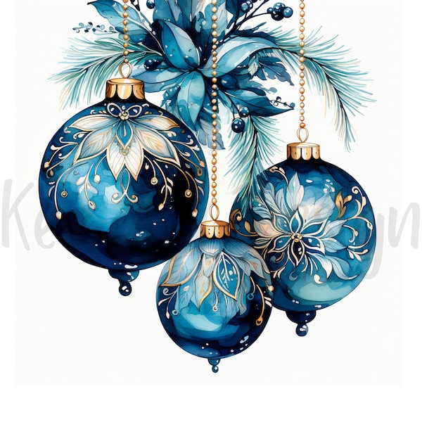 Blue Christmas Ornaments  Clipart 12 High Quality JPGs, Merry Christmas, Watercolor Blue Christmas Ornaments Clipart, Christmas Ornaments