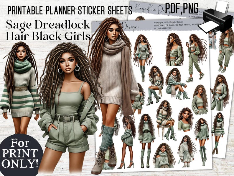 PRINTABLE Dreadlock Black Girl Stickers, Sage Black Girl PDF-PNG ...