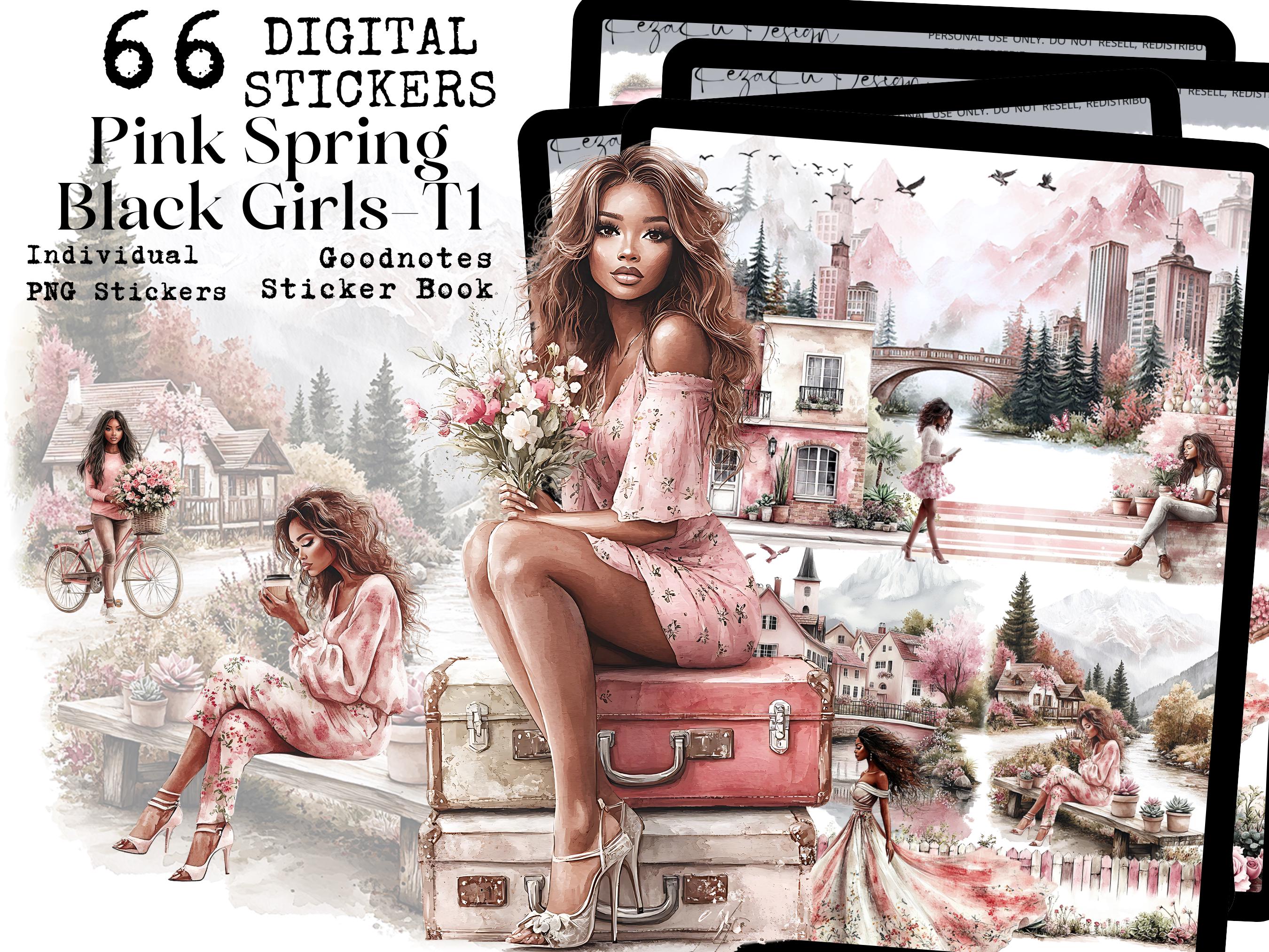 Spring Pink Succulents Black Girl Digital Stickers-T1, Black Girl Stickers, Spring Digital Stickers, Black Girl Goodnotes, Spring Goodnotes
