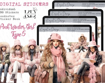 Adesivi digitali tipo 5 per ragazze invernali rosa, adesivi digitali per ragazze invernali, Goodnotes per ragazze rosa, Goodnotes, Lady PNG, ragazze invernali acquerello