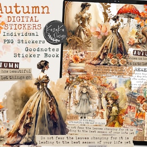 May include: Digital stickers for Goodnotes featuring autumn-themed illustrations. The stickers include a woman in a brown dress, mushrooms, squirrels, and leaves. The text "Autumn Shows us how beautiful it is to let things go" is included in the image.