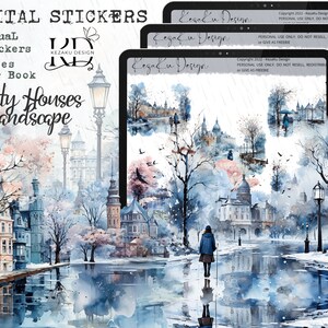 Aquarell Stadthäuser Landschaft Digitaler Aufkleber, Winterhäuser Digitale Aufkleber, Häuser PNG, Aquarell Winterstadt Png, Häuser Goodnotes