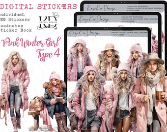 Adesivi digitali tipo 4 ragazze invernali rosa, adesivi digitali ragazze invernali, Goodnotes ragazze rosa, Goodnotes, ragazze rosa, ragazze invernali acquerello