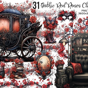 Pode incluir: Conjunto de cliparts digitais com 31 designs de Rosas Vermelhas Góticas. Inclui uma carruagem preta, poltrona, livros e outros elementos, todos adornados com rosas vermelhas. A imagem também contém o texto: "31 Gothic Red Roses Cliparts" e "PNG 300dpi 3600x3600 Pixel".