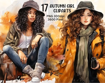 Imágenes Prediseñadas de niña de otoño, imágenes prediseñadas de mujer de otoño, niña de otoño de acuarela, PNG de otoño, imágenes prediseñadas de otoño, imágenes prediseñadas de otoño, imágenes prediseñadas de niña negra, chica de viaje