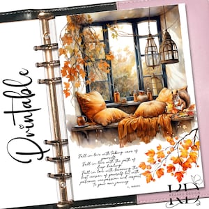 May include: A watercolour painting of a cosy window seat with cushions, a throw, and a squirrel. The window is framed by autumn leaves and vines. The text reads: "Fall in love with taking care of yourself. Fall in love with the path of deep healing. Fall in love with becoming the best version of yourself but with patience, compassion and respect to your own journey. - menuts"