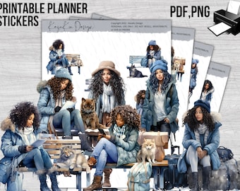 PRINTABLE Blue Winter Black Girl Stickers, Black Girl Magic Printable Stickers, Planner, Afro American Planner Girl, Happy Planner Stickers