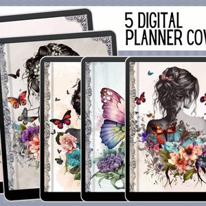 Girl with Flower and Butterfly Digital Planner Covers, Goodnotes Covers, PRINTABLE Notebook Covers, Journal Cover, Digital Planner Cover