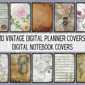 May include: Ten vintage digital planner covers with a variety of designs, including floral, maps, music, and handwritten text.  These digital notebook covers are perfect for adding a touch of vintage charm to your digital planner.