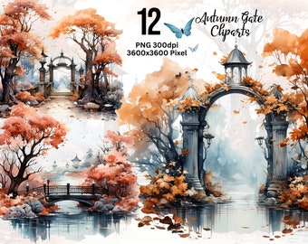 水彩画風の秋の門のクリップアート、秋の葉が飾られた素朴な庭の