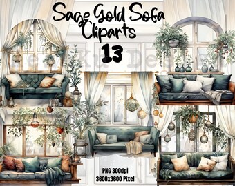 Sage Gold Sofa Clipart, Sofa Clipart, Furnitures PNG, Sofa Images, Cozy Sofa PNG, Green Sofa Images, Gold Sofa PNG, Gold Ornament cliparts