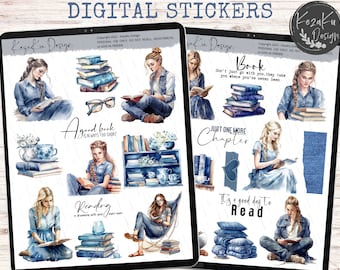 Reading Digital Stickers, Reading Girl  Stickers, Goodnotes Stickers, Bookish Stickers, Book Worms Stickers, GoodNotes Planner, Booklove