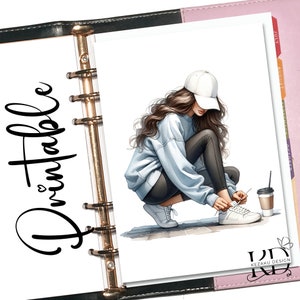 May include: A digital illustration of a woman wearing a white baseball cap, a light blue sweatshirt, black leggings, and white trainers. She is tying her shoelaces and holding a cup of coffee.