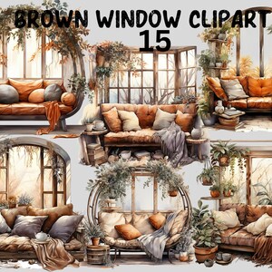 Puede incluir: Un conjunto de 15 imágenes de clipart digitales que presentan escenas de ventanas marrones con sofás, plantas y almohadas. Las ventanas están enmarcadas en madera y tienen una estética rústica y vintage.