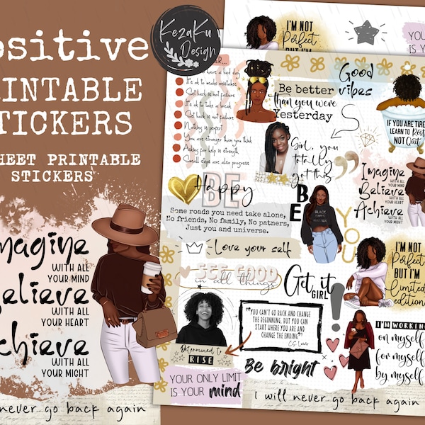 PRINTABLE Positive Quote Stickers, Motivational Stickers, Instant Download Sticker, Positive Quote Stickers, Black Girl Stickers, Black Girl