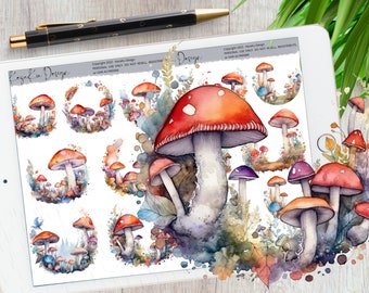 Watercolor Mushroom Goodnotes, Mushroom Digital Stickers, Spring Stickers, Goodnotes Stickers, GoodNotes Planner, Summer Digital Stickers