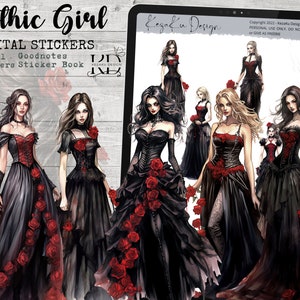 Gothic Girl Digital Stickers Type 3, Light Skin Gothic Girl Digital Stickers, Gothic Girl Goodnotes, Black Gown Girl Stickers, Rose Girl PNG