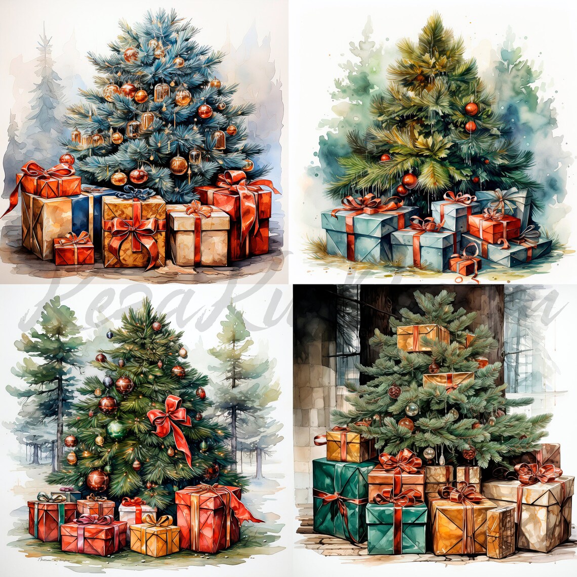 Christmas Tree Clipart 12 High-quality JPG, Watercolor Christmas Gift ...