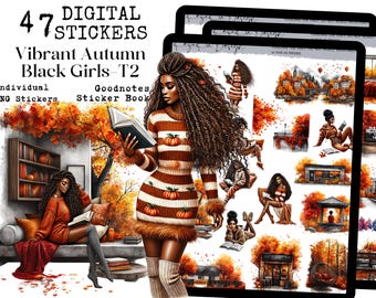 Lecture d'autocollants numériques fille noire, automne dynamique fille noire autocollant numérique Type 2, Black Girl Goodnotes, automne Black Girl Magic Goodnotes