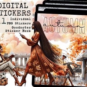 May include: Digital stickers for Goodnotes featuring illustrations of women in autumn settings. The image includes the word "Autumn" and the text "111 Individual PNG Stickers Sticker Book". The artwork has a warm color palette with orange and brown tones.
