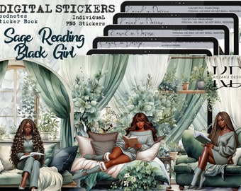 Sage Reading Black Girl Digital Stickers, Sage Black Girl Digital Stickers, Black Girl Goodnotes, Reading Girl, Black Girl Magic Goodnotes